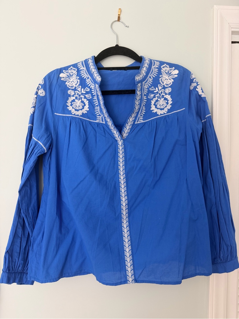 Blue Embroidered V-Neck Women's Top